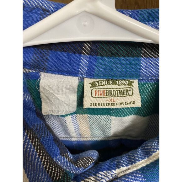 Vintage Five Brothers Thick Flannel Button Up Shirt XL Shacket Blue Green Yellow - Picture 10 of 12